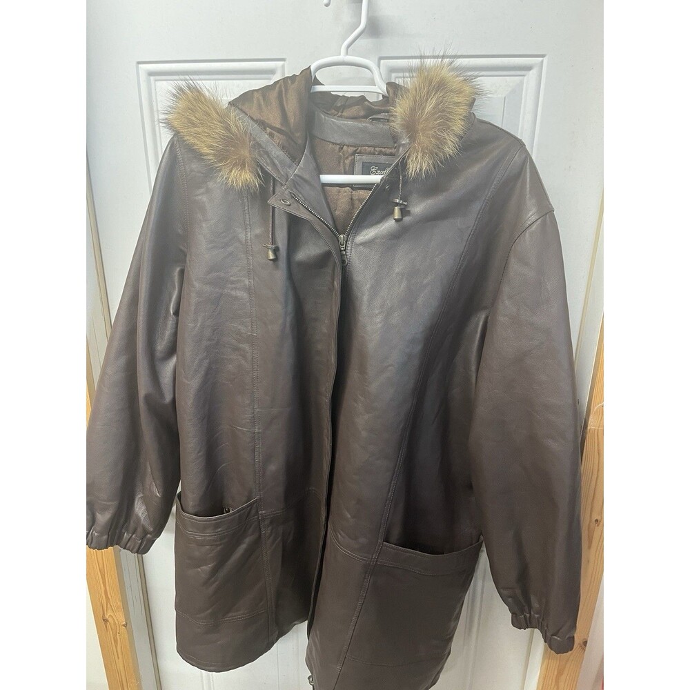 Excelled Leather Jacket Women’s 3xl Chocolate Brown Fur Trimmed Hood Y2K Coat